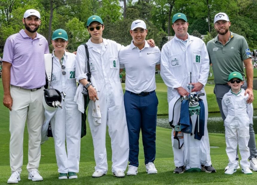 Actor Ryu Jun yeol caddies for golfer Kim Joo hyung at The Masters Par 3 Contest
