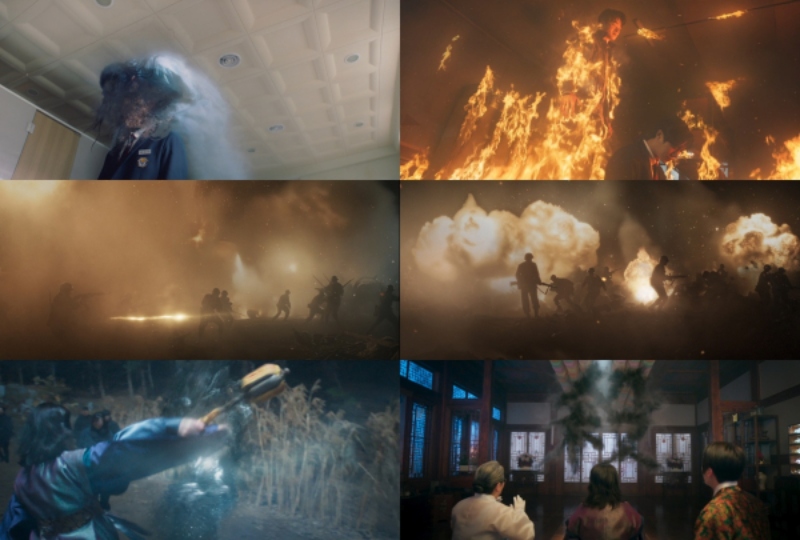 Dexter Studios AI Enhanced VFX in Head over Heels War and Ghost Scenes VFX war scene from Head over Heels showing Korean occult elements like K-ghosts and trauma flashbacks, created by Dexter Studio using AI and digital effects.